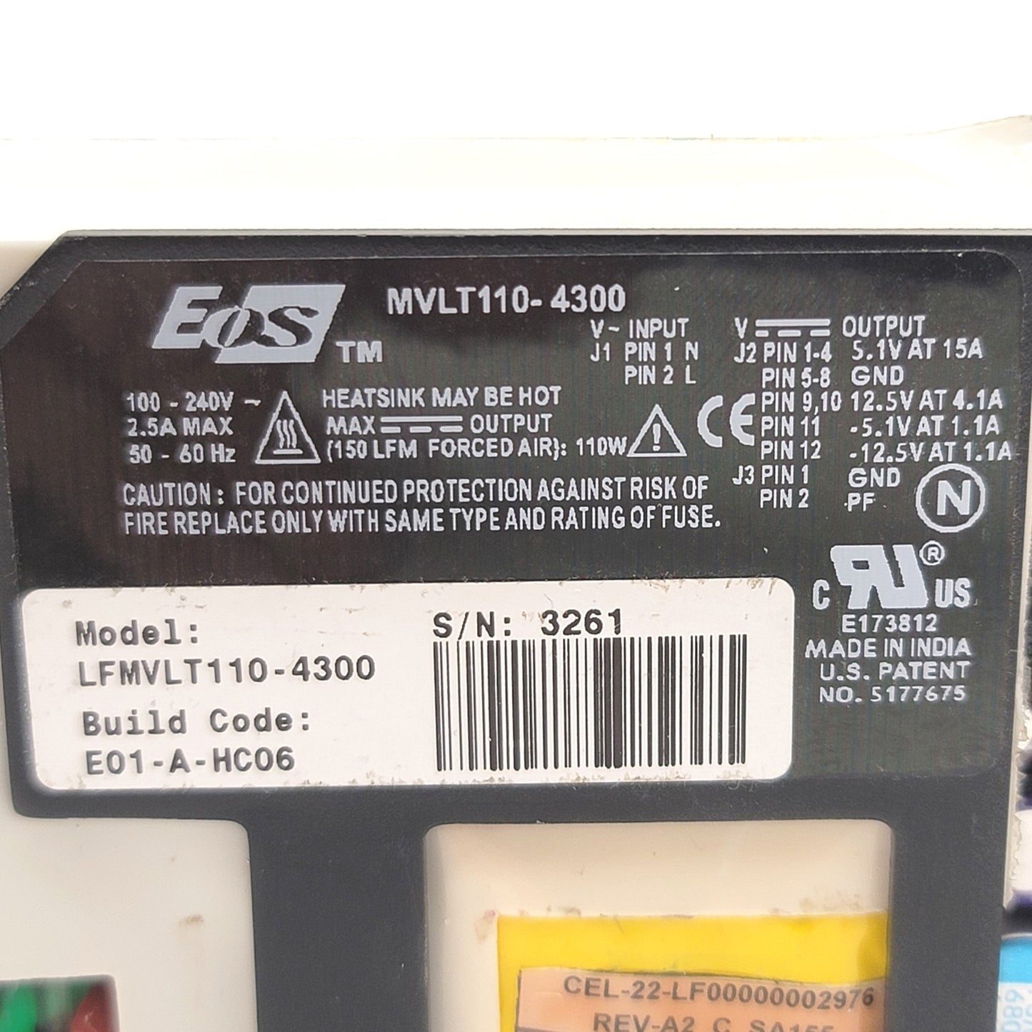 Used EOS LFMVLT110-4300 Medical Open Frame DC Power Supply, 100-240VAC, 110W