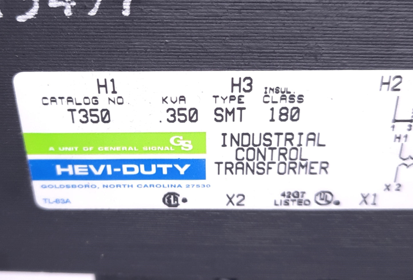 Used Hevi Duty T350 SMT Control Transformer Class 180, 350KVA, 120v AC Primary