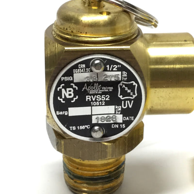 Used Apollo RVS52 10-512 Steam Safety Relief Valve, Brass, 1/2" NPT, 38psi, 275lb/hr