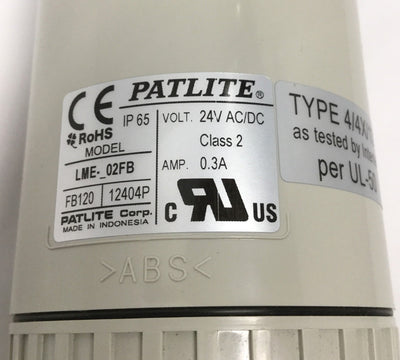 Used Patlite LME-402FB Signal Tower LED Alarm Stack Light Red, Amber, Green, Blue 24V