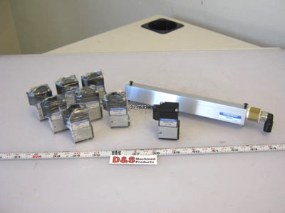 New – Open box Lot of 8 New Koganei A025E1-PSL Pneumatic Solenoid Valves w/02M8A Valve Bank