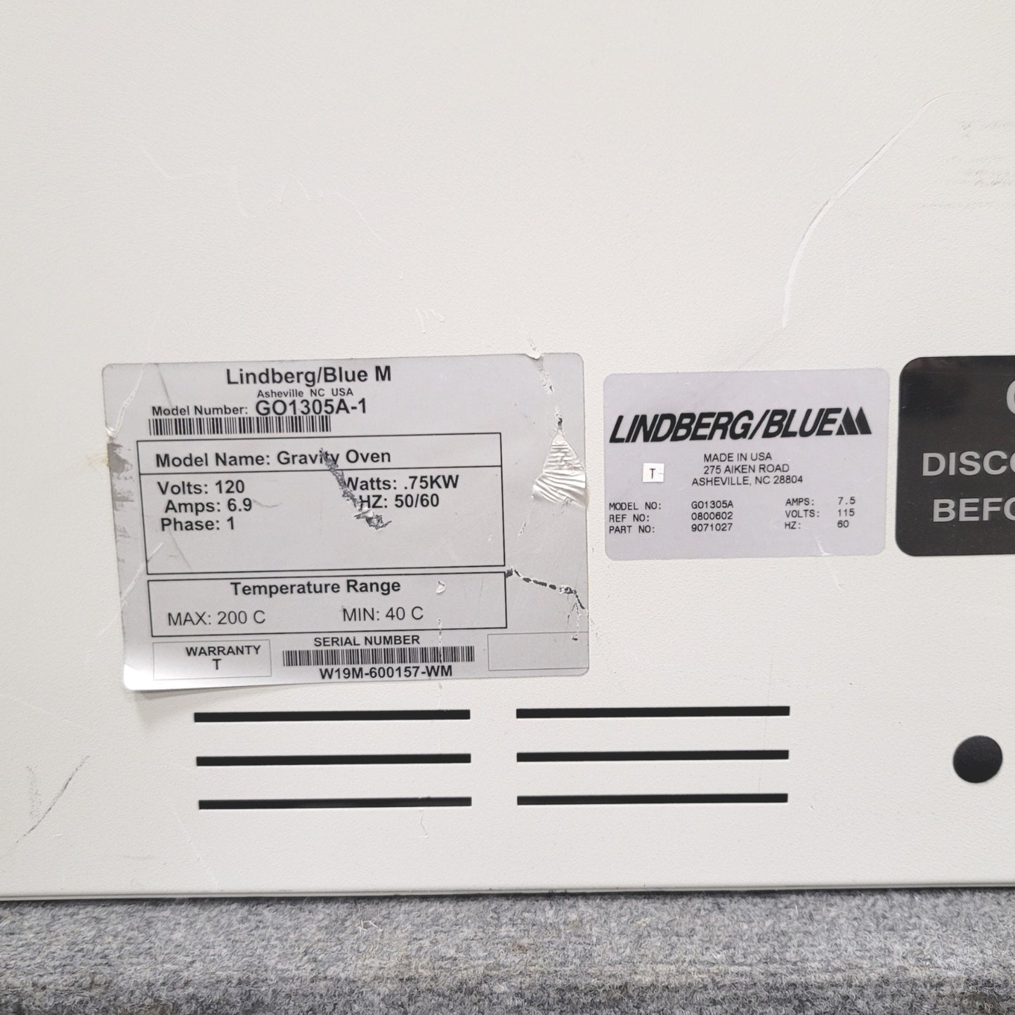 Used Lindberg Blue M G01305A Gravity Convection Oven, 40°C To 220°C, 2Cu Ft, 120VAC