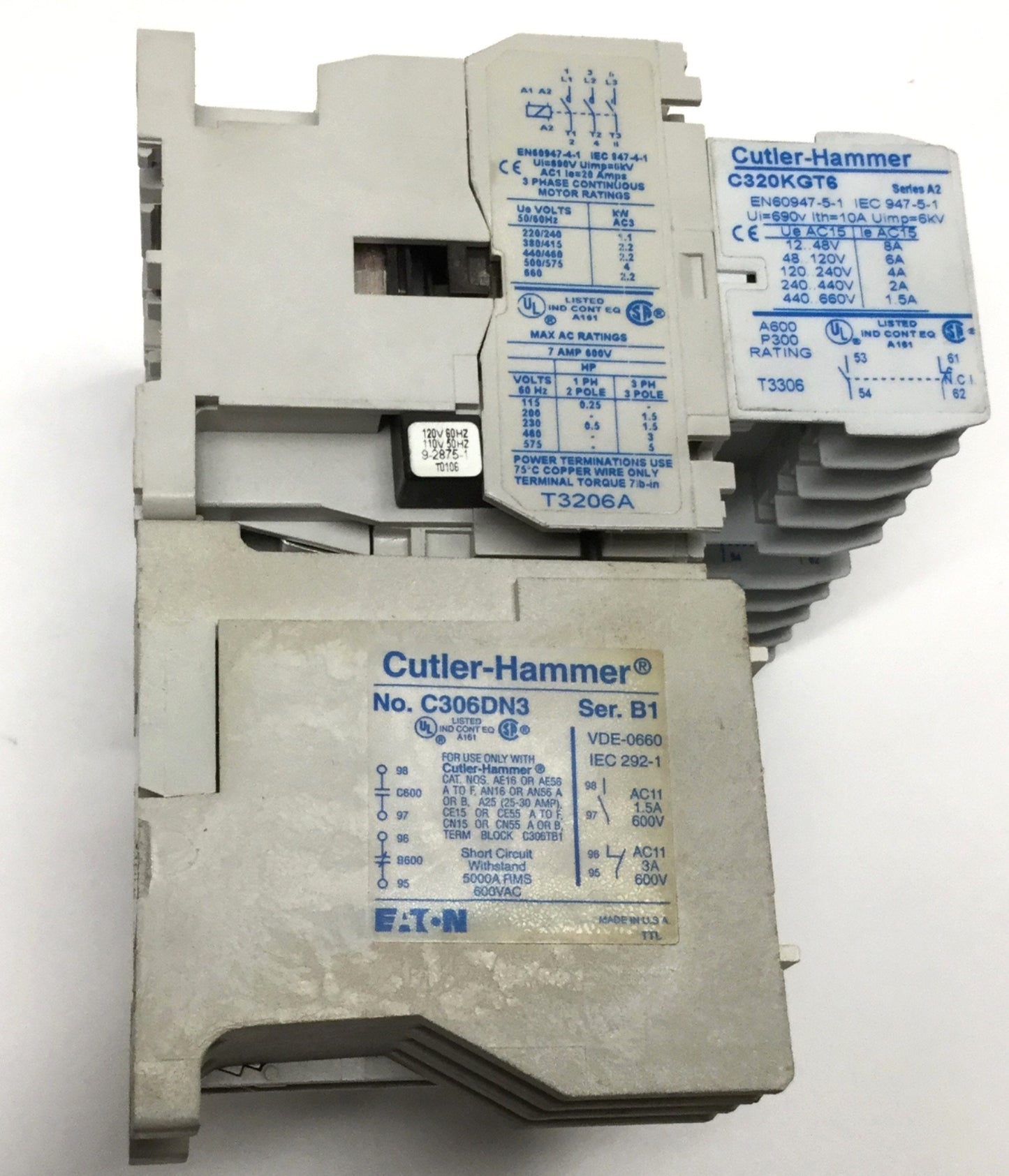 Used Cutler Hammer AE56AN0AC IEC Reversing Motor Starter Contactor 7A 110/120VAC Coil
