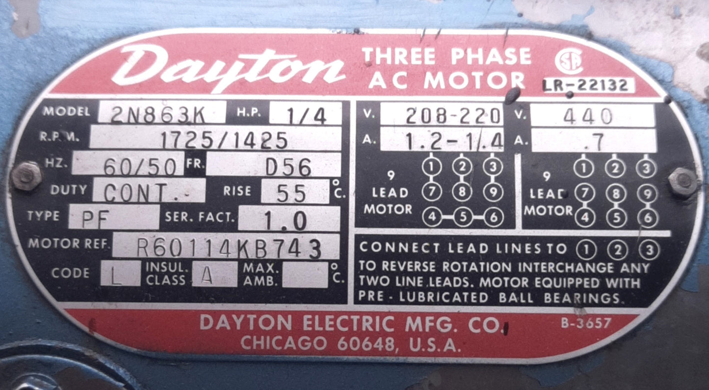 Used Dayton 2N863K Cont Duty AC Motor 1/4 HP, D56, 1425/1725RPM, 208-220/440V