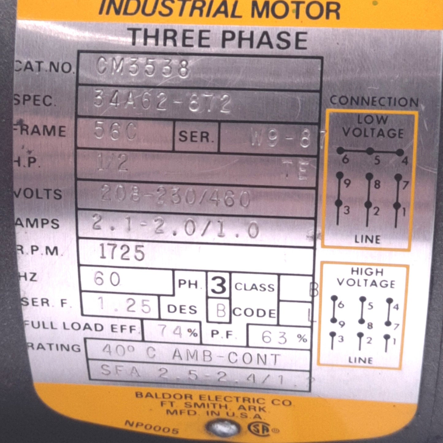 Used Baldor CM3538 General Purpose AC Motor 1/2HP, 56C, 3PH, 230/460V 1800RPM 60Hz