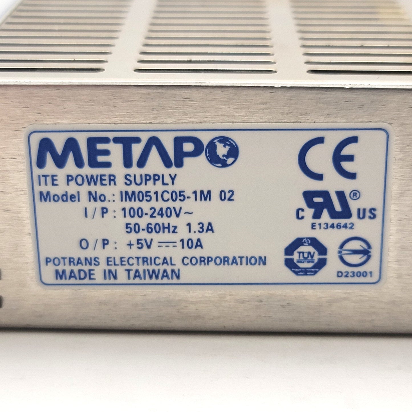 Used Metapo IM051C05-1M Industrial Power Supply 100-240VAC, 5VDC, 10A, 50 Watts