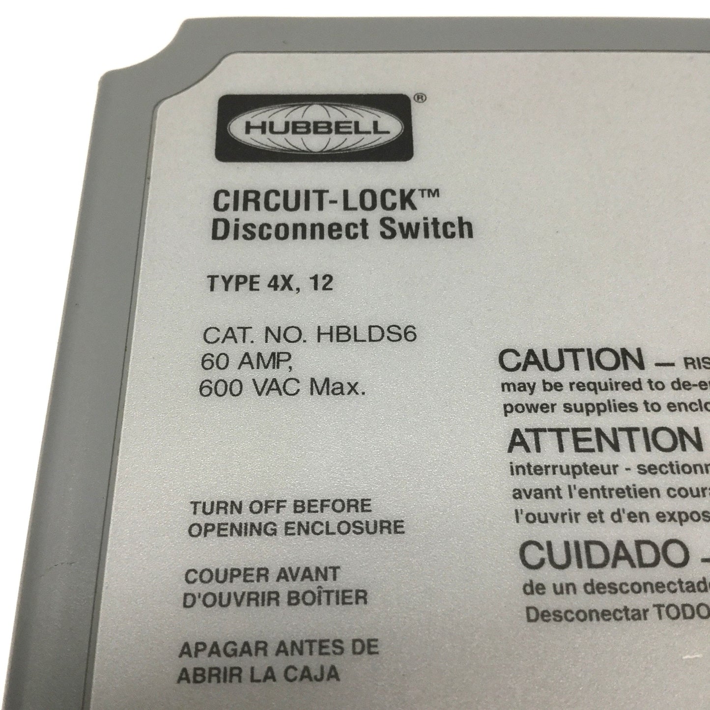Used Hubbell HBLDS6 Circuit-Lock Disconnect 3-Pole 600VAC *Switch Replaced w/KG80*