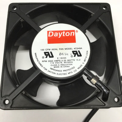 Used Dayton 4C549A Axial Cooling Fan 100CFM, 115VAC 0.25A, 2950RPM, 120x120x38mm