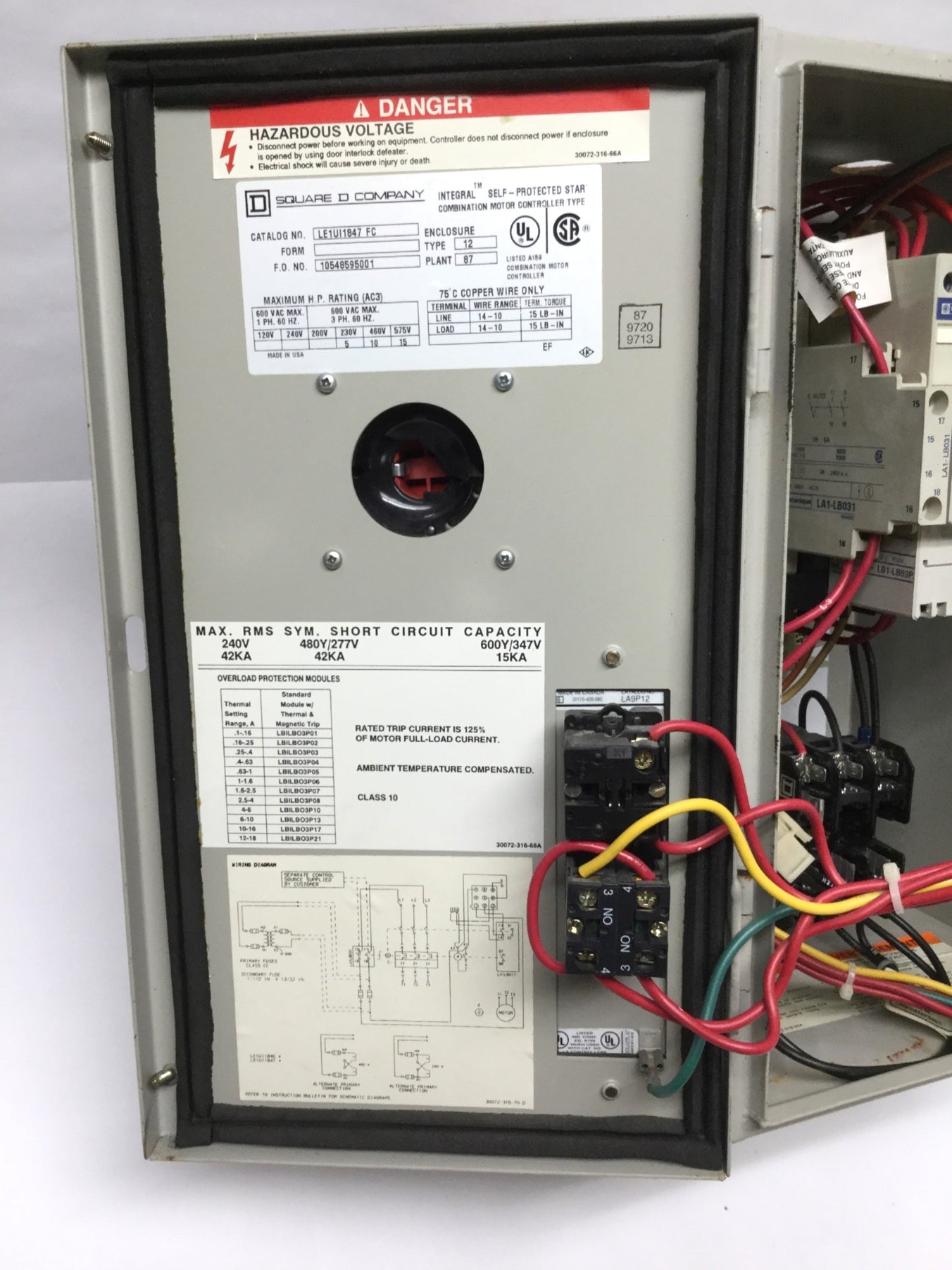 Used Square D LE1UI1847FC INTEGRAL Combo Motor Starter Control 3PH 15HP w/LB1 LB03P08