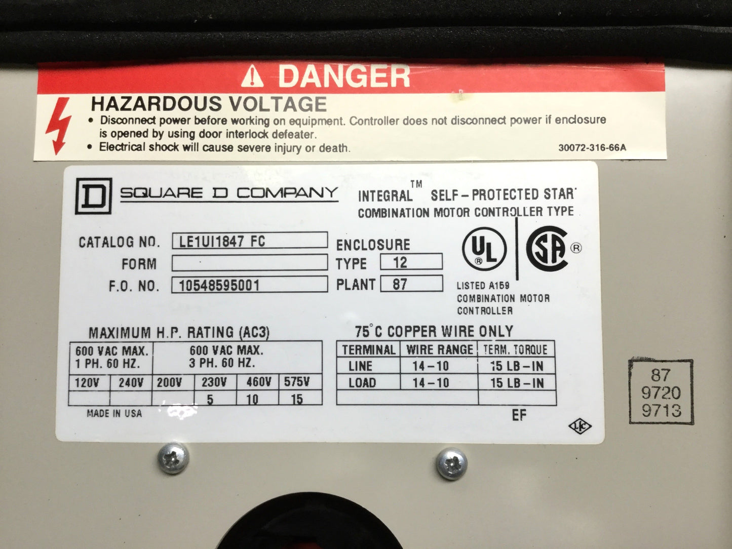 Used Square D LE1UI1847FC INTEGRAL Combo Motor Starter Control 3PH 15HP w/LB1 LB03P08