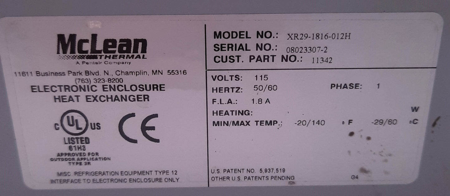 Used McLean XR29-1816-012H Pro-Air Heat Exchanger 18W/Deg F, 115v AC 50/60 Hz
