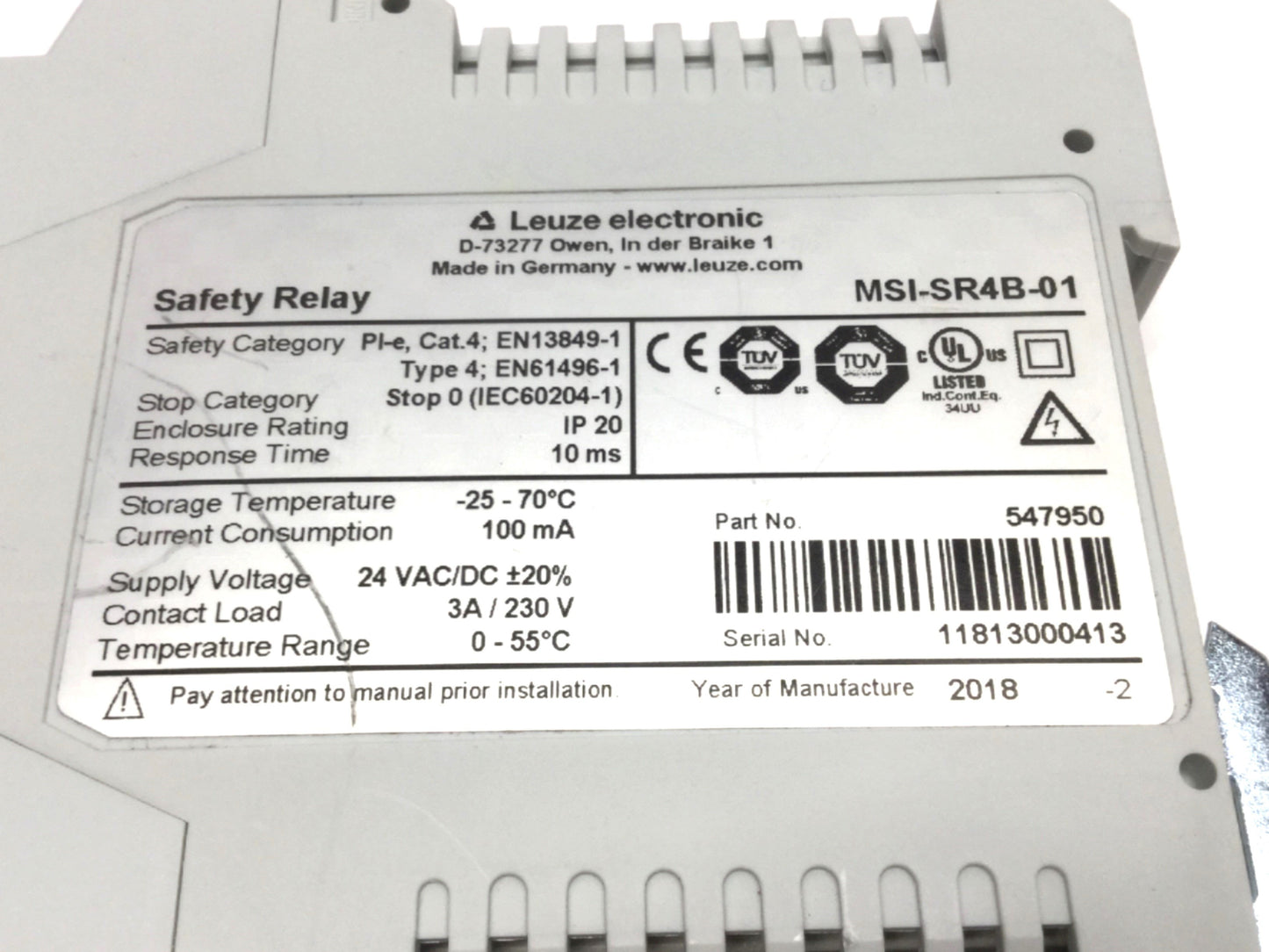 Used Leuze MSI-SR4B-01 Emergency E-Stop Safety Relay 24V AC/DC, 3NO, 230VAC 3A