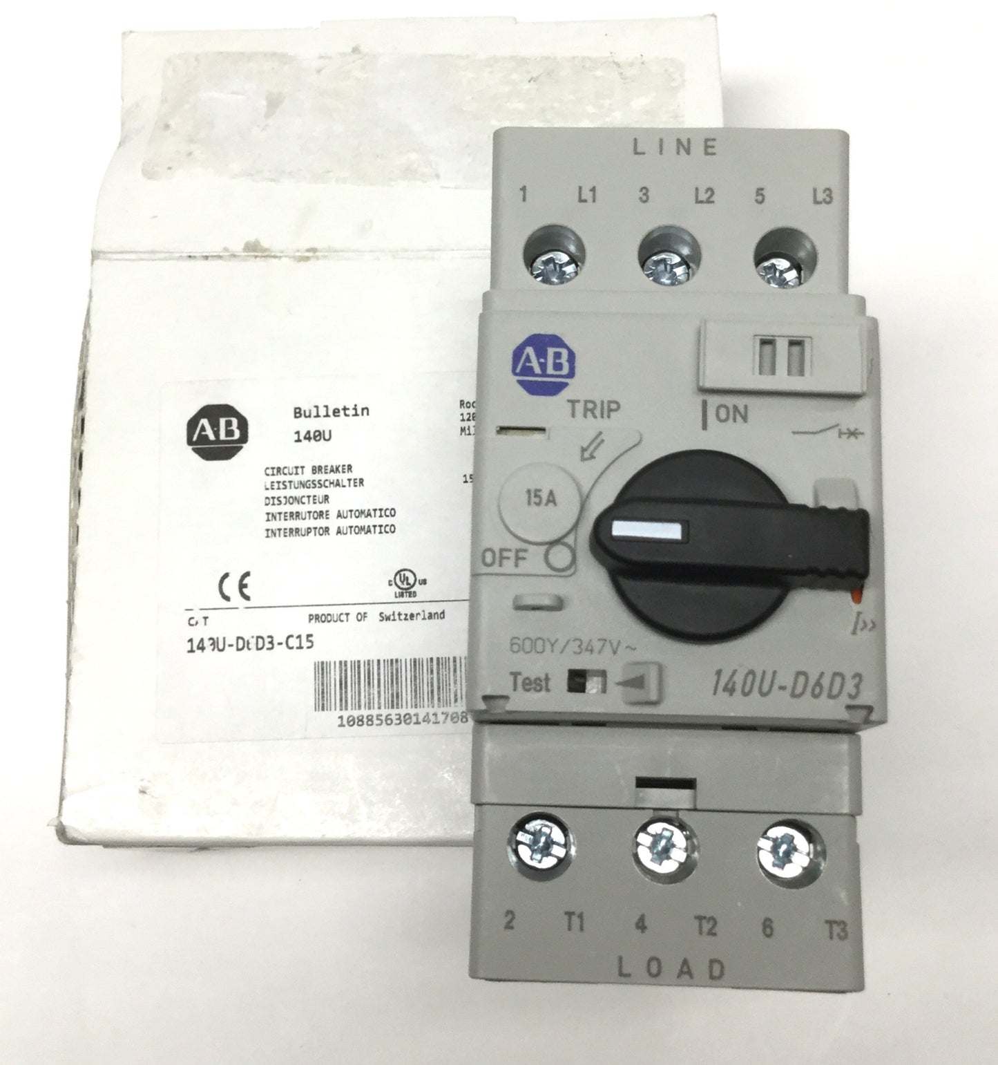 New – Open box Allen Bradley 140U-D6D3-C15 Circuit Breaker, 3-Pole, 600Y/347VAC 15A *Cracks*