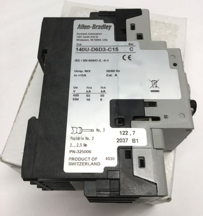 New – Open box Allen Bradley 140U-D6D3-C15 Circuit Breaker, 3-Pole, 600Y/347VAC 15A *Cracks*