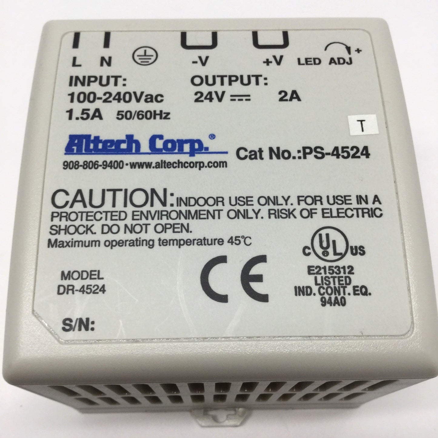 Used Altech PS-4524 Industrial DIN Rail Power Supply 100-240VAC In, 24VDC 2A Out, 48W