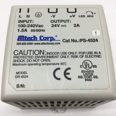 Used Altech PS-4524 Industrial DIN Rail Power Supply 100-240VAC In, 24VDC 2A Out, 48W