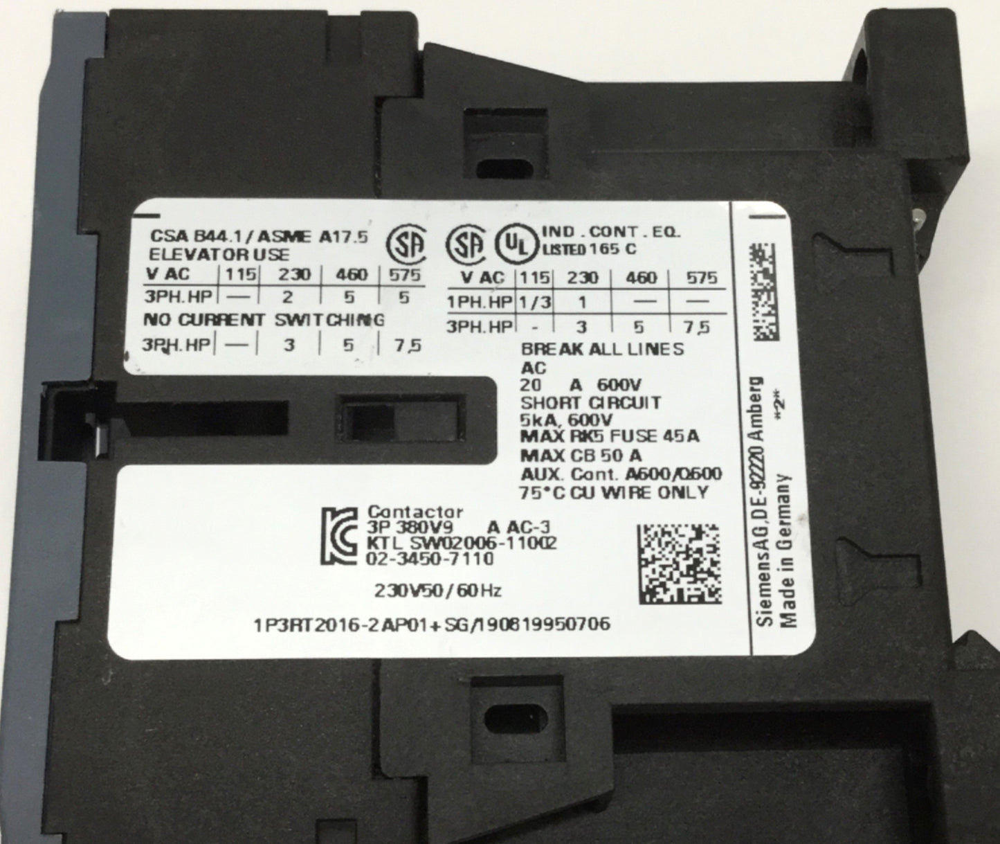 Used Siemens 3RT2016-2AP01 Sirius Power Contactor 230VAC Coil, 600VAC 20A, 3-Pole S00