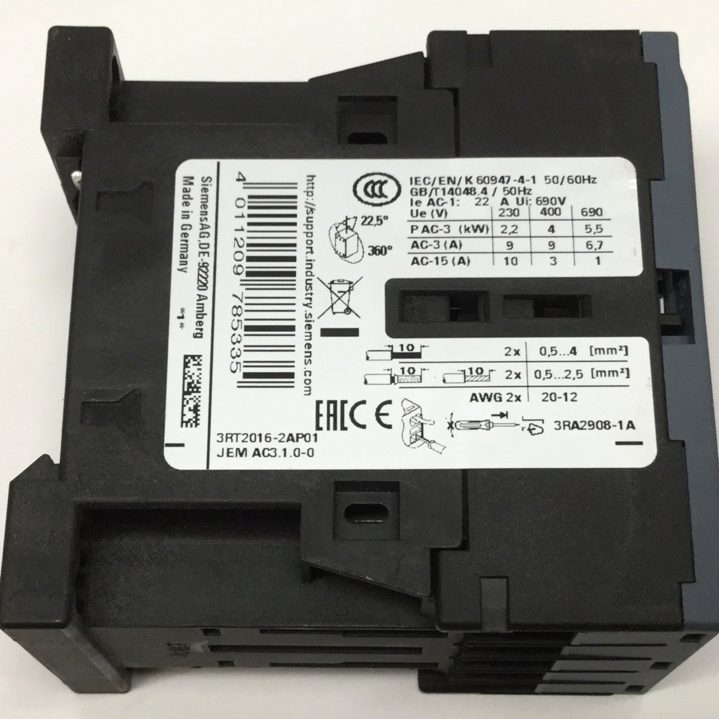 Used Siemens 3RT2016-2AP01 Sirius Power Contactor 230VAC Coil, 600VAC 20A, 3-Pole S00