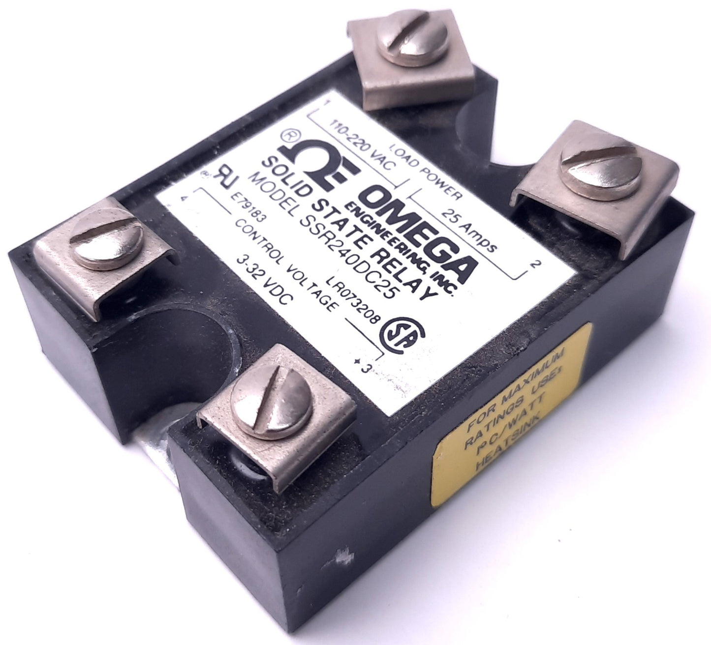 Used Omega Engineering SSR240DC25 Solid State Relay 3-32v DC Control, 110-220v AC 25A