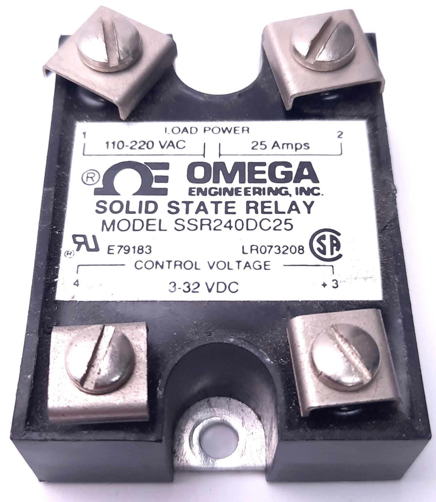 Used Omega Engineering SSR240DC25 Solid State Relay 3-32v DC Control, 110-220v AC 25A