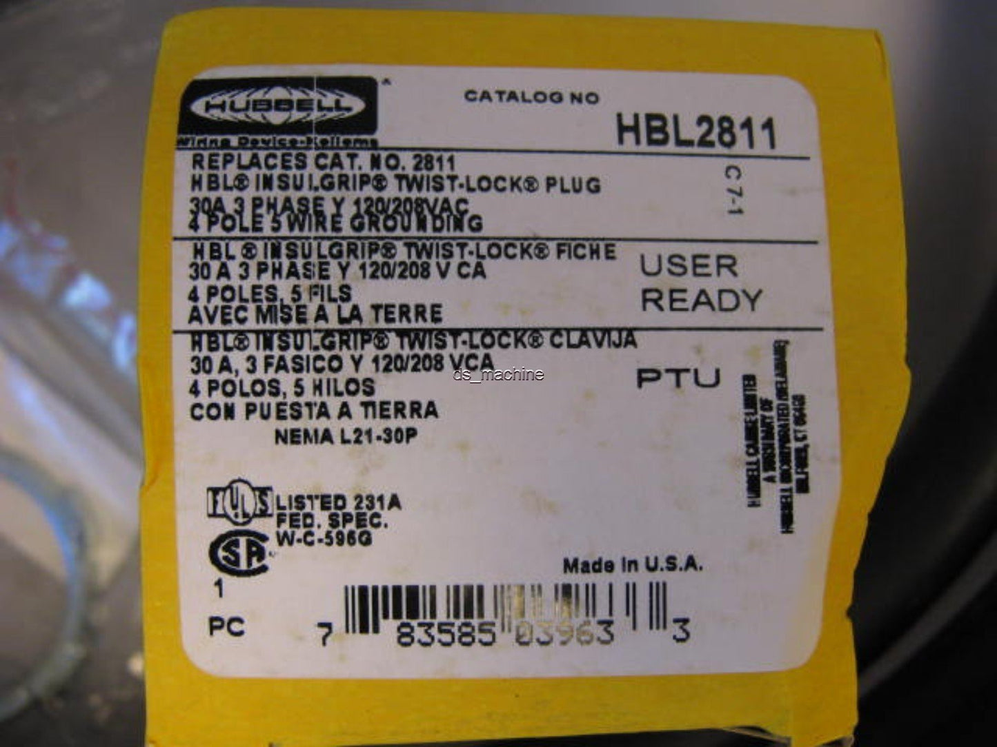 New Hubbell Drop Cord Kit w/Cord, Plug and Strain Relief 26' 10/5 208VAC 30A 3PH