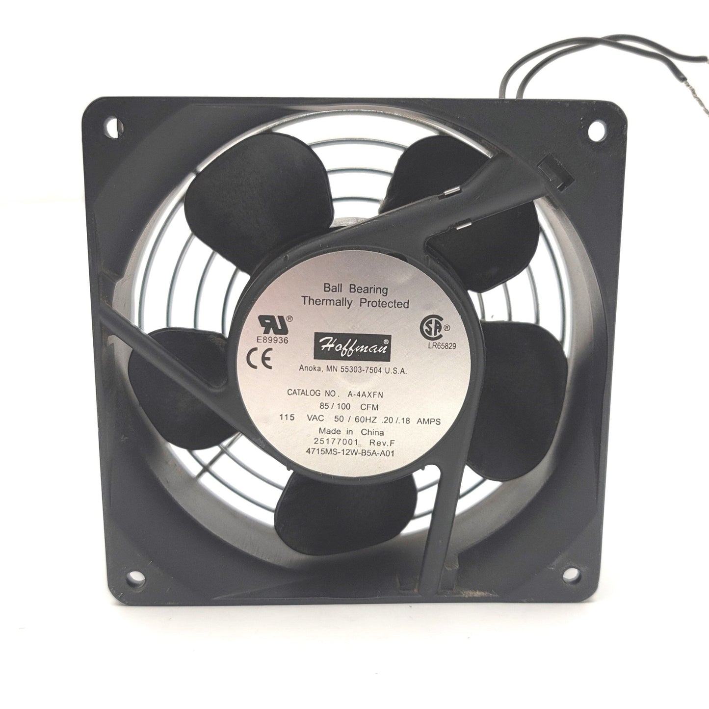 Used Hoffman A-4AXFN Axial Fan, 115VAC 60Hz 0.18A, 100CFM, 117mm x 117mm x 44mm