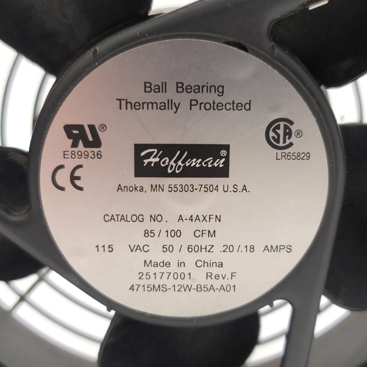 Used Hoffman A-4AXFN Axial Fan, 115VAC 60Hz 0.18A, 100CFM, 117mm x 117mm x 44mm