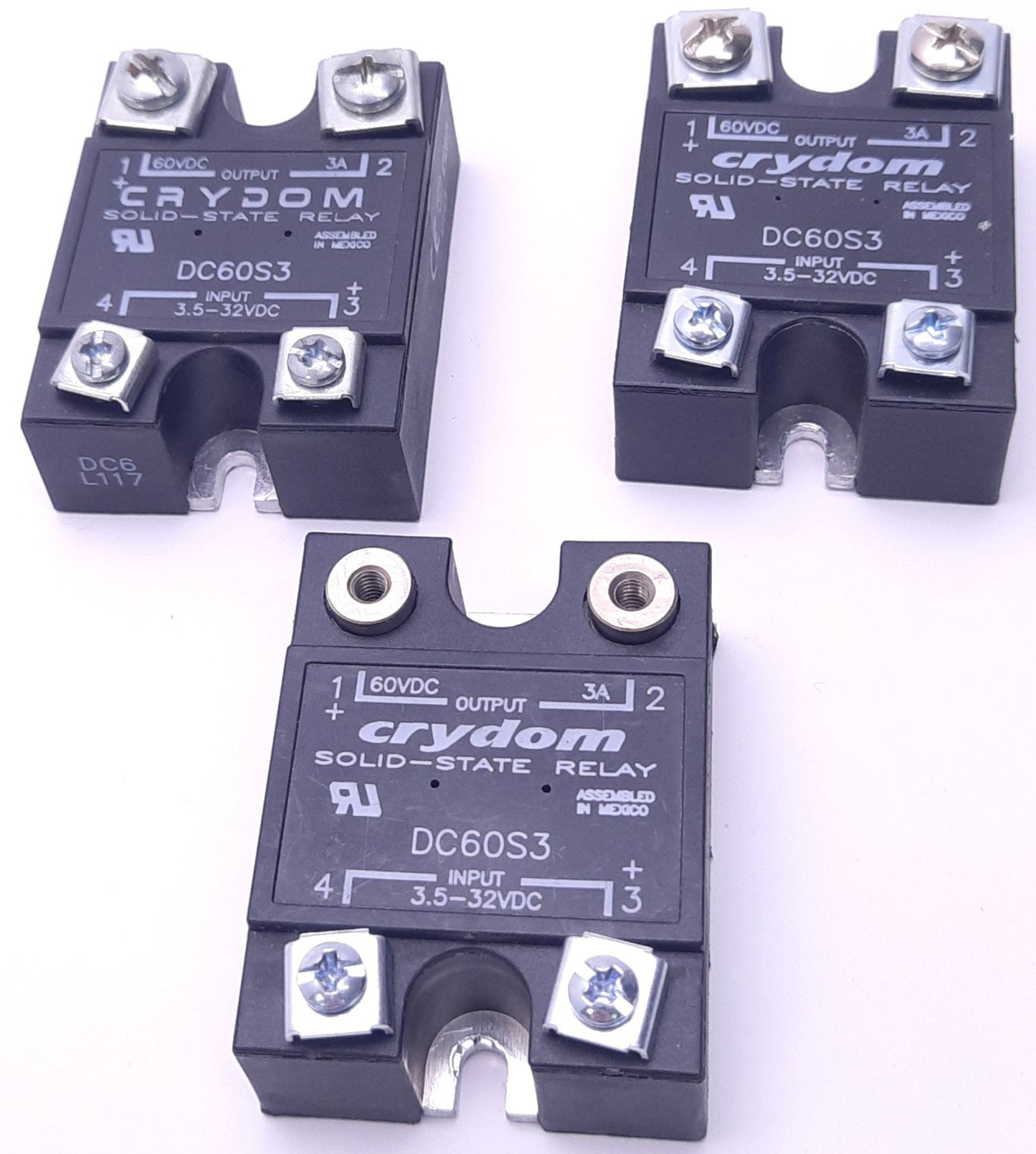 Used Lot of 3 Crydom DC60S3 Solid State Relay 3.5-32v DC Input, 60v DC 3A Output