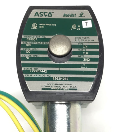Used ASCO 8262H262 Red Hat II Solenoid 2-Way N.O. Brass Shutoff Valve 1/4" NPT, 24VDC