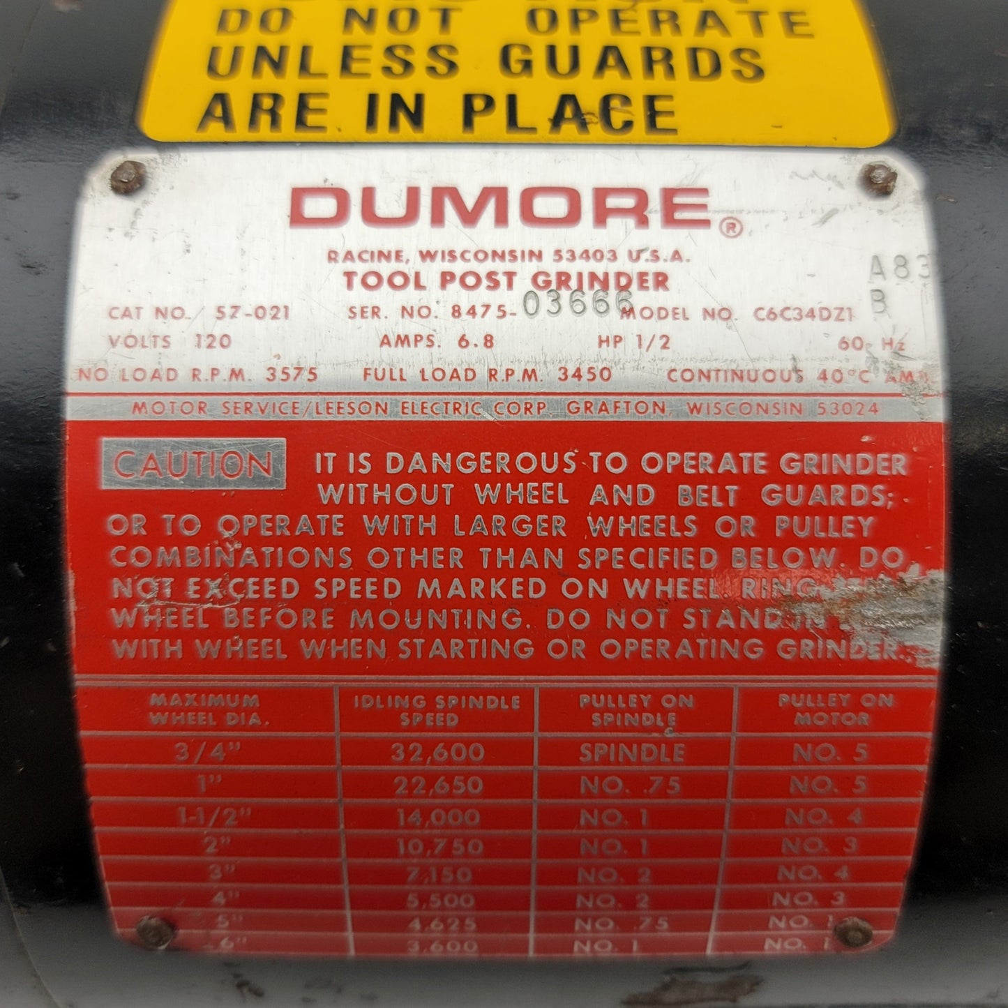 Used DUMORE 57-021 Model C6C34DZ1 Internal/External Tool Post Grinder, 120VAC, 1/2HP