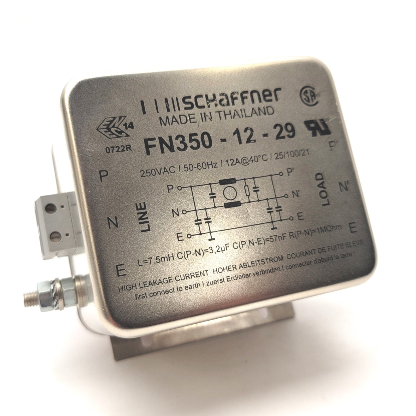 Used SCHAFFNER FN350-12-29 Compact Power Line Filter, 250VAC 50/60Hz, 1Ph, 12A
