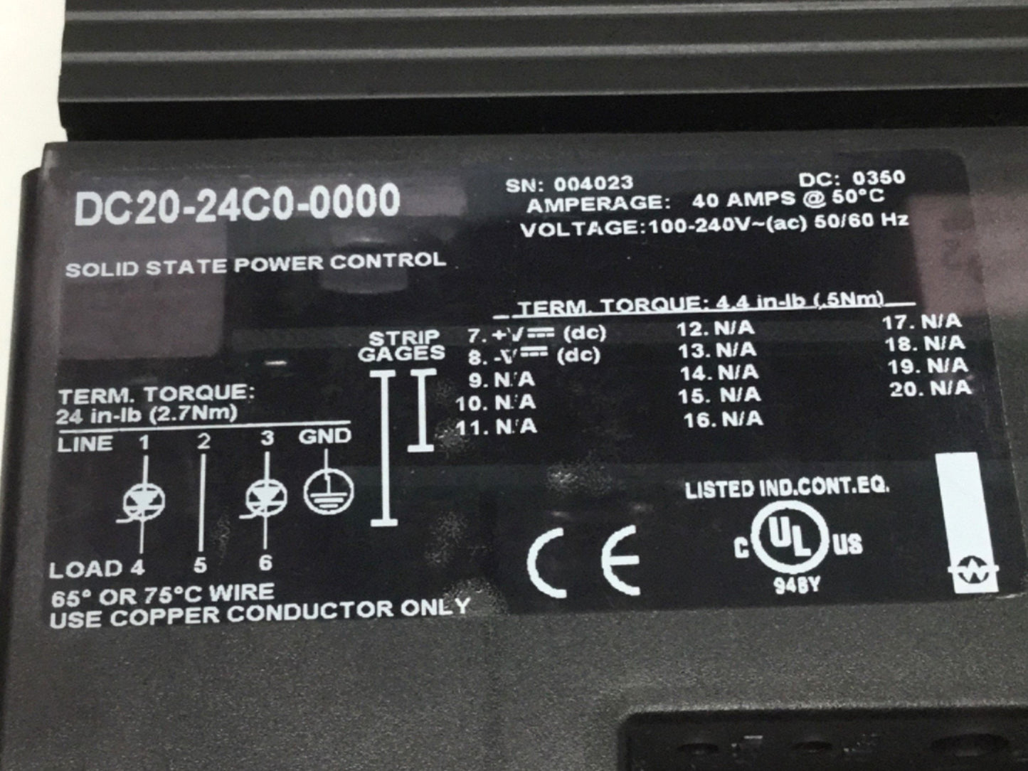 Used Watlow DC20-24C0-0000 DIN-A-MITE Solid State Power Controller 40A 100-240VAC 3PH