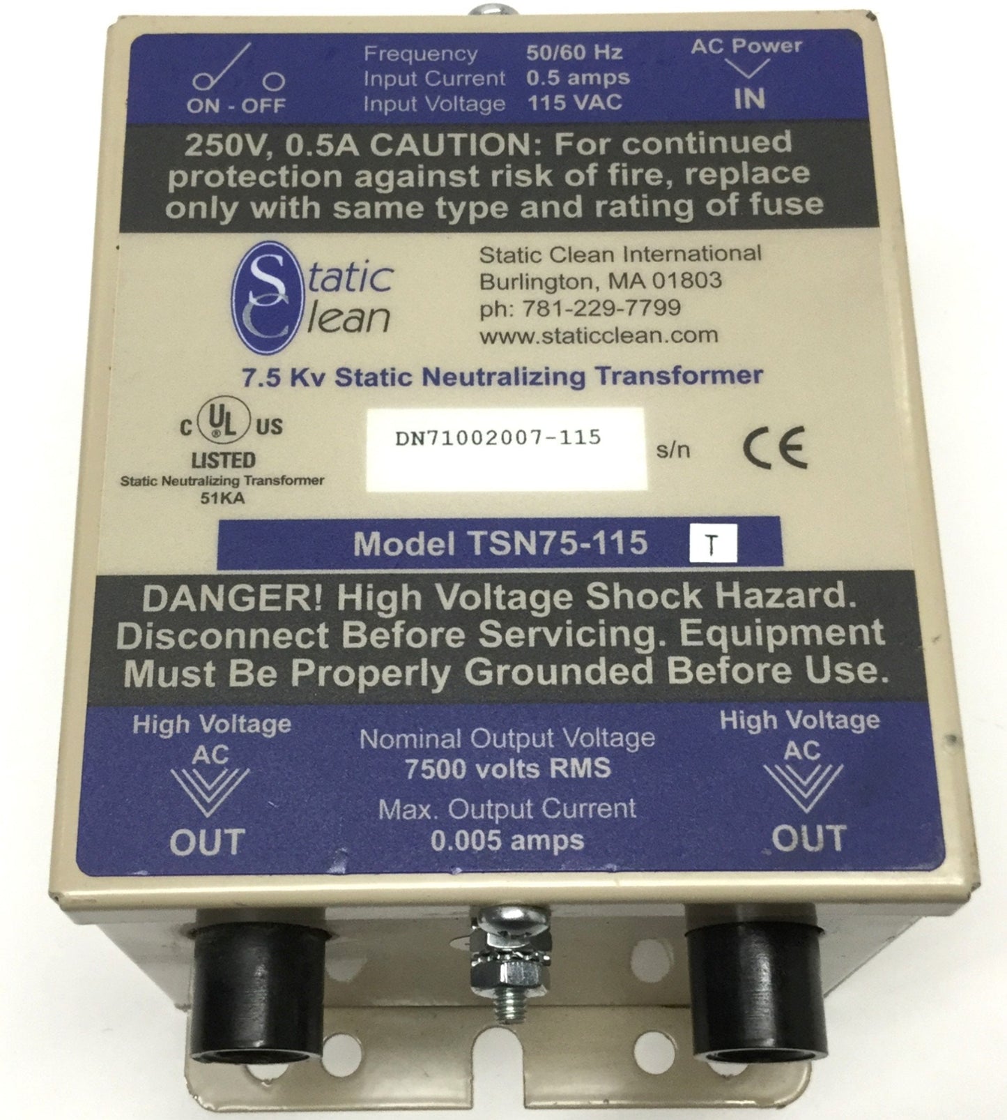 Used Static Clean TSN75-115 Neutralizing Transformer Power Supply 115VAC to 7500V RMS