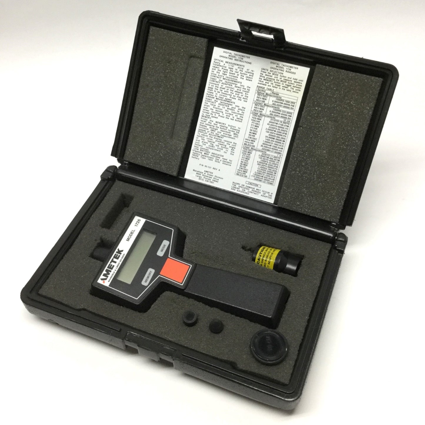 Used Ametek 1726 Digital Tachometer, Dual Function Contact/Optical, 6-99999RPM w/Case
