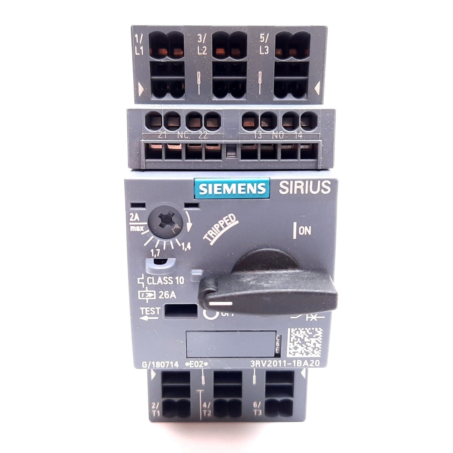 New Siemens 3RV2011-1BA20 Sirius Circuit Breaker, 3-Pole, 1.4-2A, 20-690V, W/ Aux