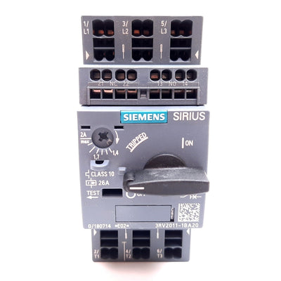 New Siemens 3RV2011-1BA20 Sirius Circuit Breaker, 3-Pole, 1.4-2A, 20-690V, W/ Aux