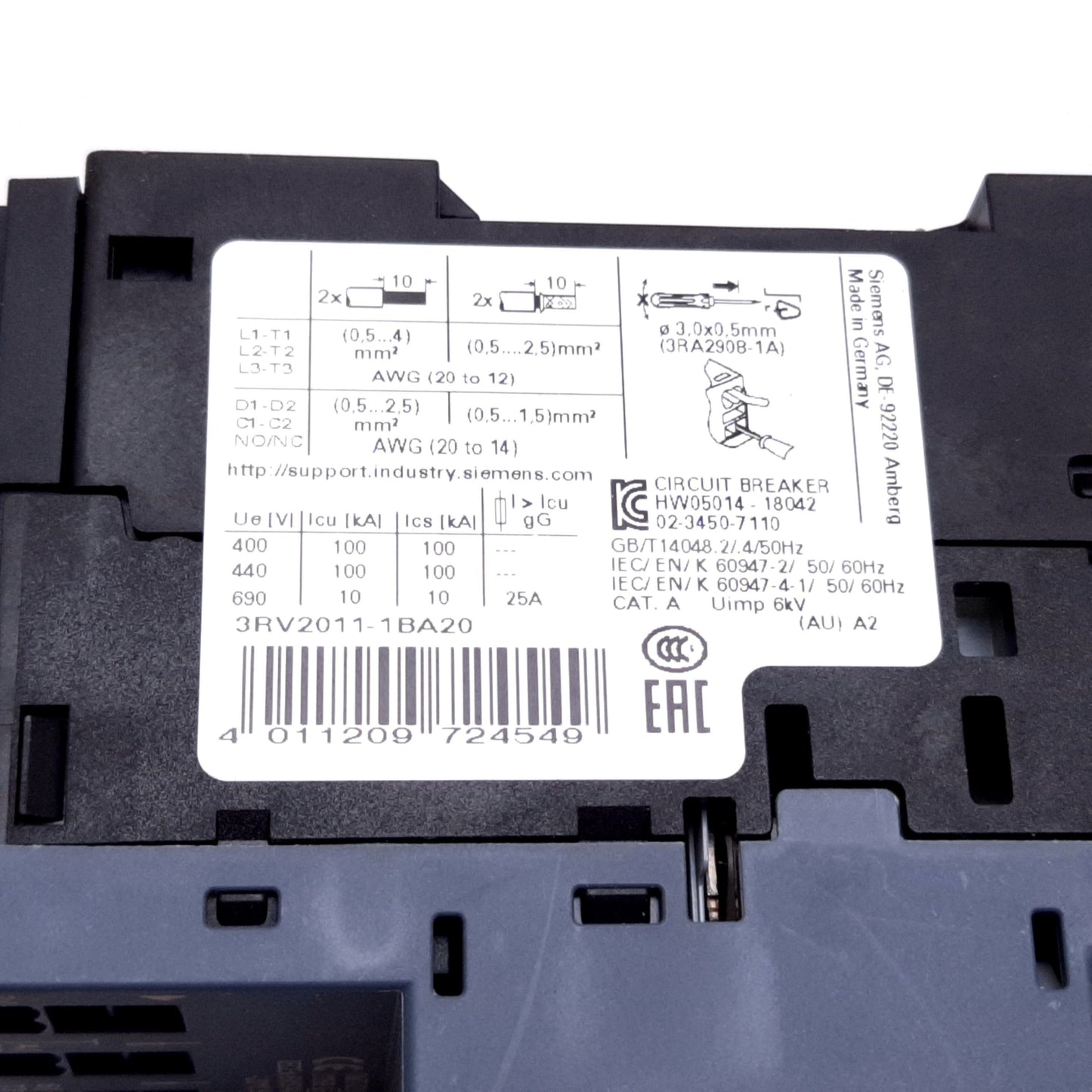 New Siemens 3RV2011-1BA20 Sirius Circuit Breaker, 3-Pole, 1.4-2A, 20-690V, W/ Aux