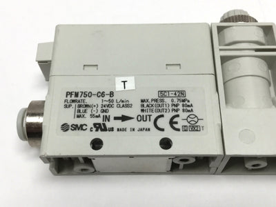 Used SMC PFM750S-C6-B Digital Flow Switch, 24VDC, 1-50 L/min Air, ?6mm Tube, PNP Out