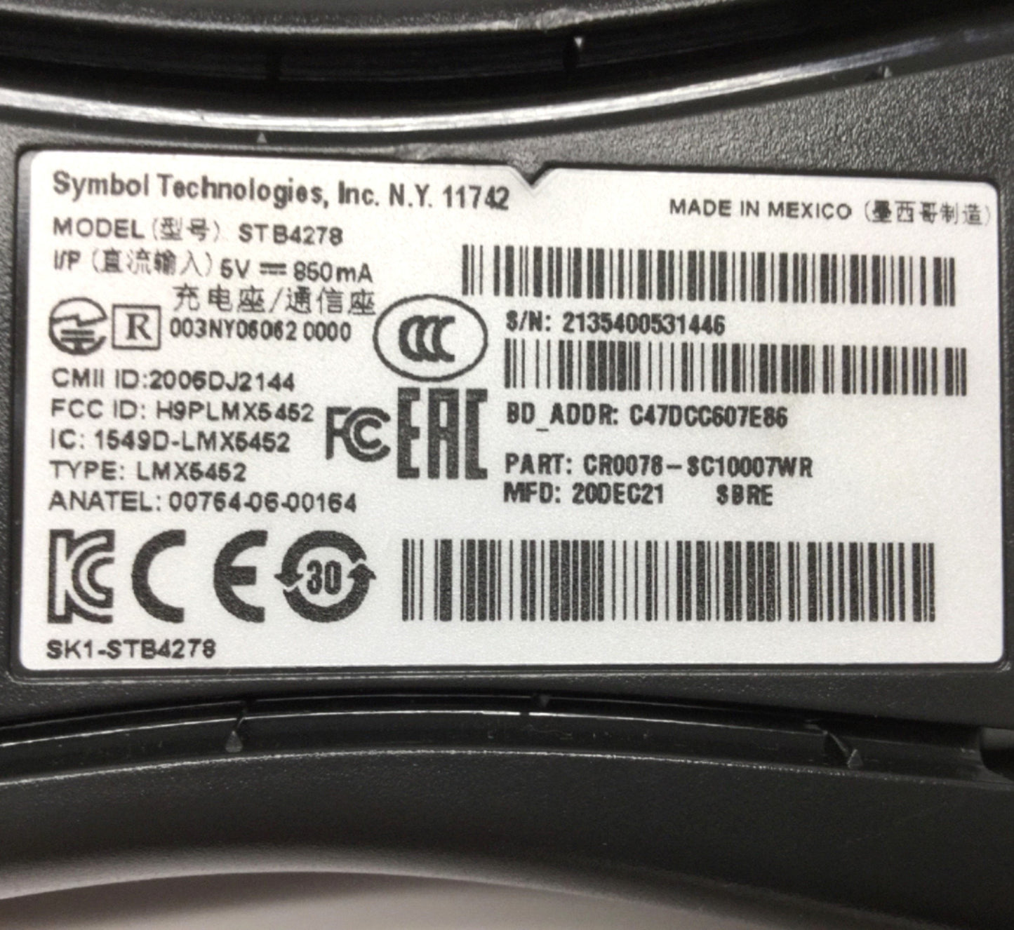 Used Symbol LI4278 Cordless Bluetooth Barcode Scanner w/ Charging Cradle & USB Cable