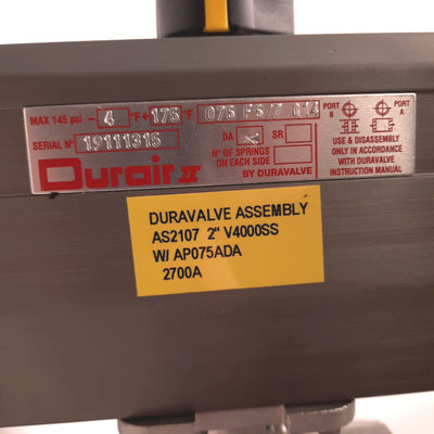 New Duravalve AS2107 V4000SS Ball Valve 2"NPT w/Pneumatic Actuator 145PSI 1/4"NPT
