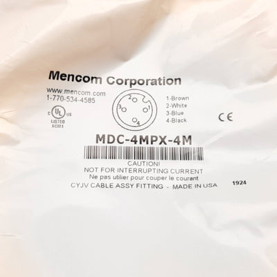 New Mencom MDC-4MPX-4M Cordset, 4-Pin M12 Male to Flying Leads, 4m Long, 300V 4A