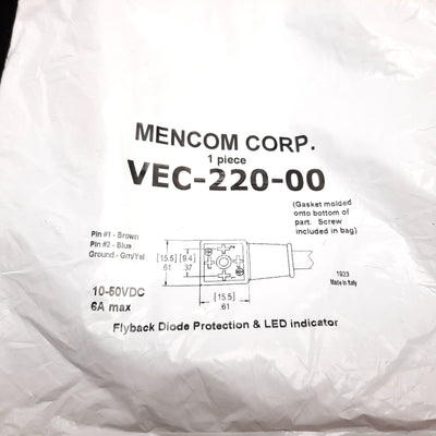New Mencom VEC-220-00 Solenoid Valve Connector Cordset, 3-Pole, 10-50VDC 6A, 2m