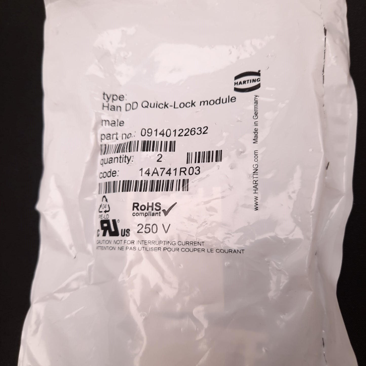 New Pack of 2 Harting 09140122632 Han DD Quick Lock Module 250V 10A 12 Contacts Male