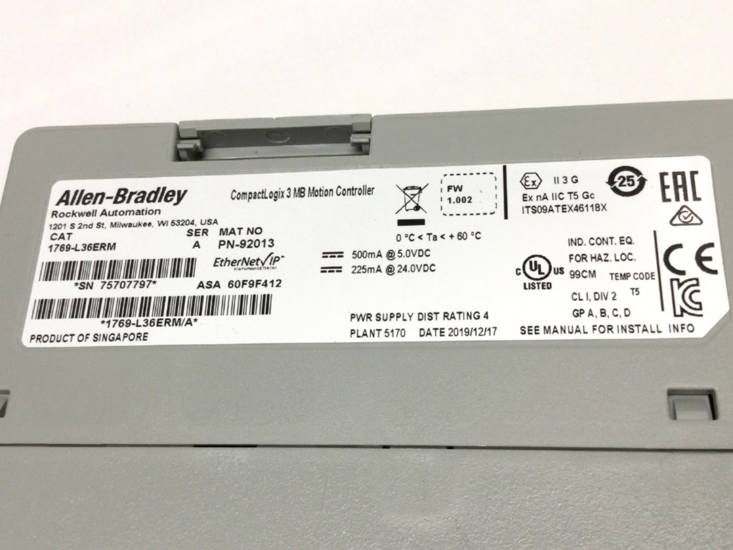 Used Allen Bradley 1769-L36ERM CompactLogix EtherNet/IP Motion Controller 3MB 16-Axis