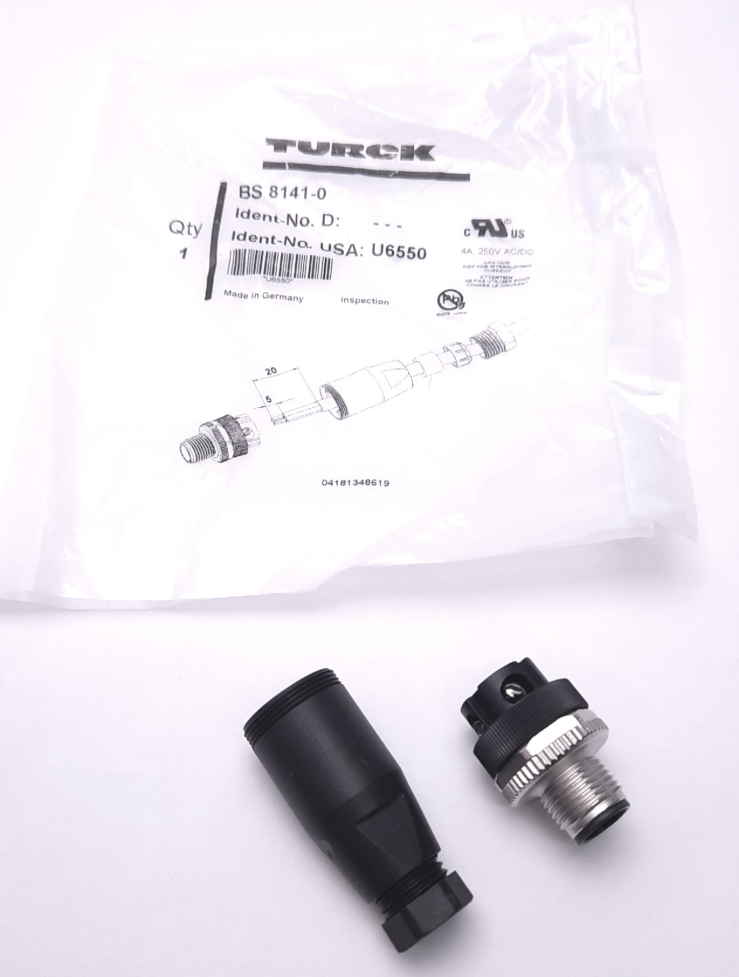 New Turck BS 8141-0 M Series Field-Wireable Plug Connector, M12 4-Pin Male