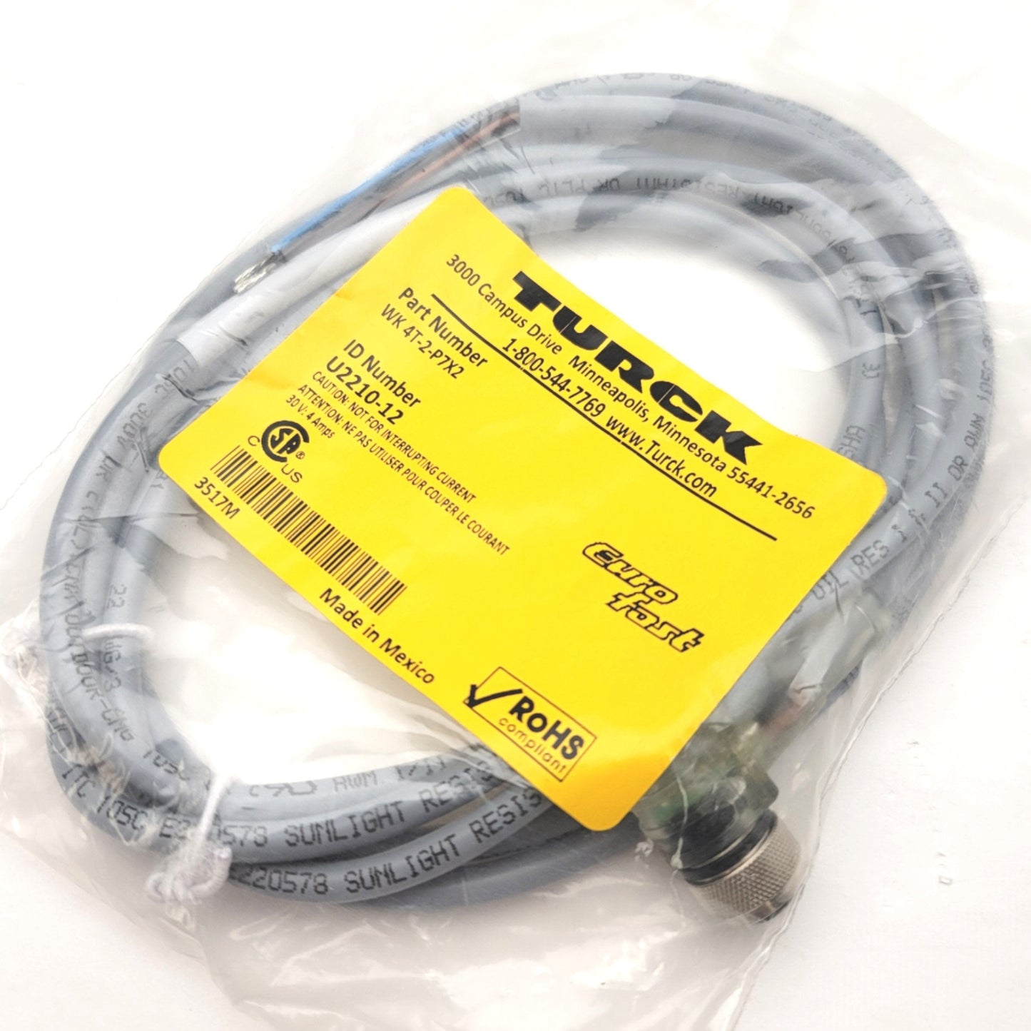 New Turck WK 4T-2-P7X2 U2210-12 Single Ended Cordset M12 Female To Flying Leads, 2m