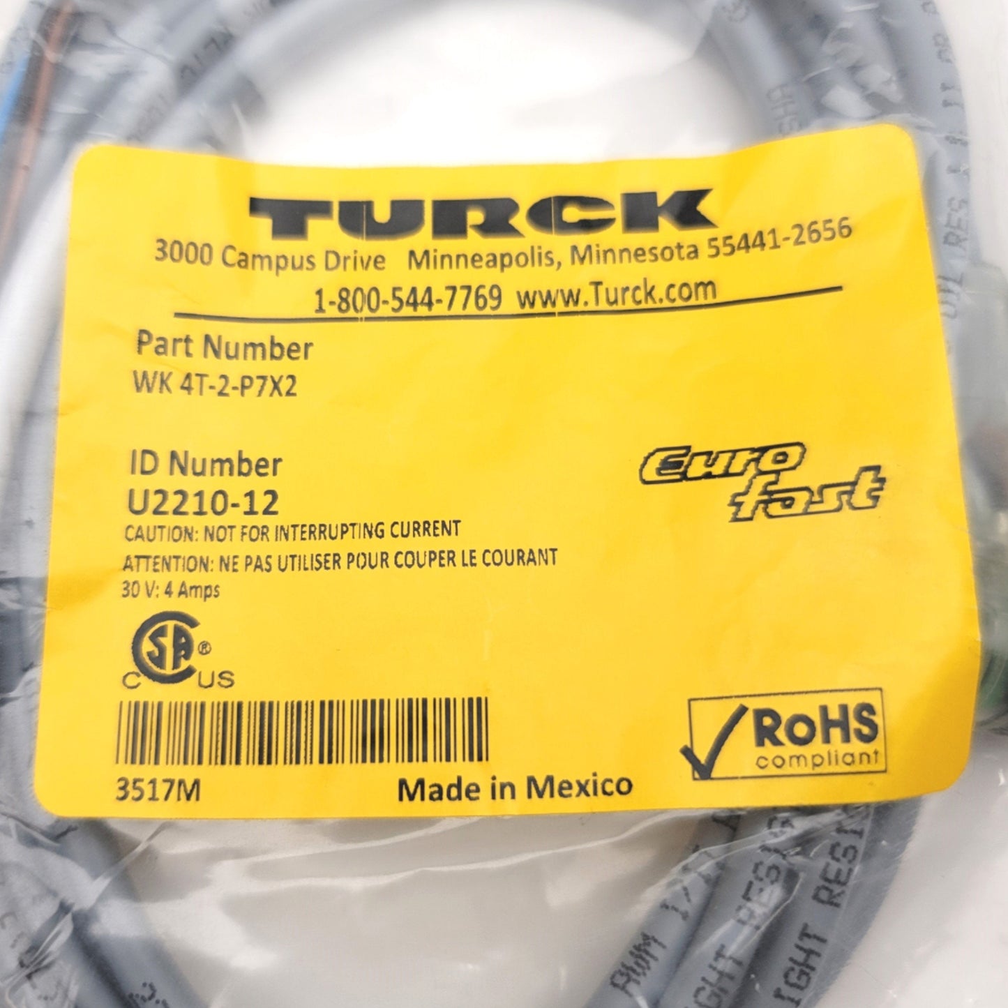 New Turck WK 4T-2-P7X2 U2210-12 Single Ended Cordset M12 Female To Flying Leads, 2m