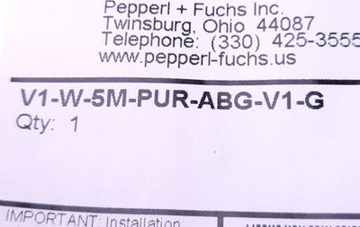 New Pepperl+Fuchs V1-W-5M-PUR-ABG-V1-G Cordset A-Coded M12 4-Pin, Angled to Straight