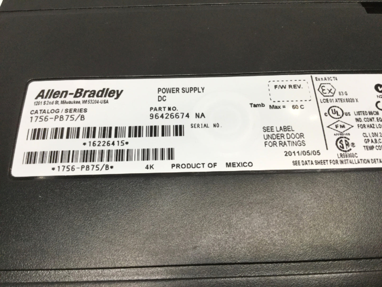 Used Allen Bradley 1756-PB75 ControlLogix Power Supply 24VDC Input, 1.2-24VDC Output