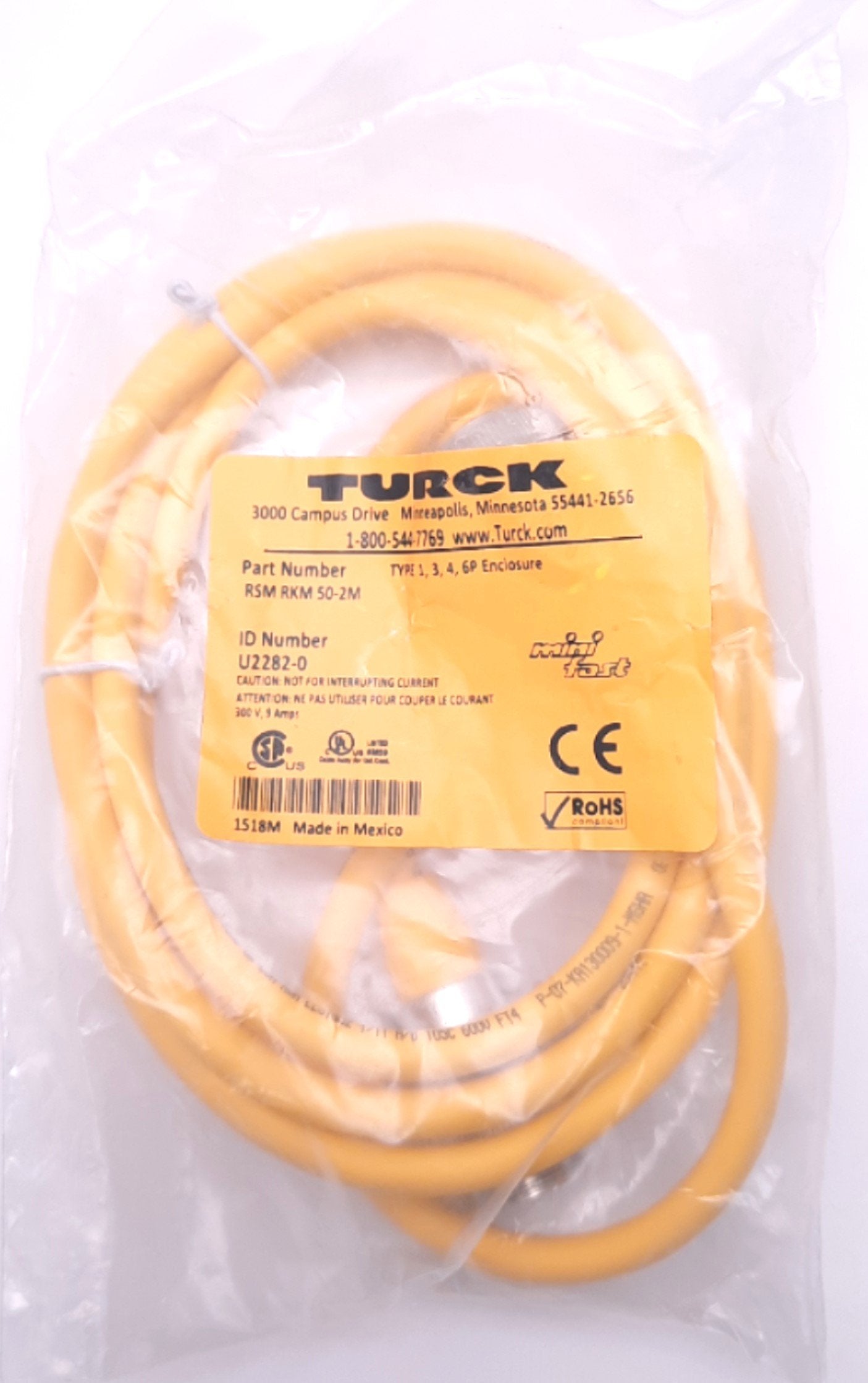 New Turck RSM RKM 50-2M Double Ended Cordset 7/8" 5Pin Male to Female Straight